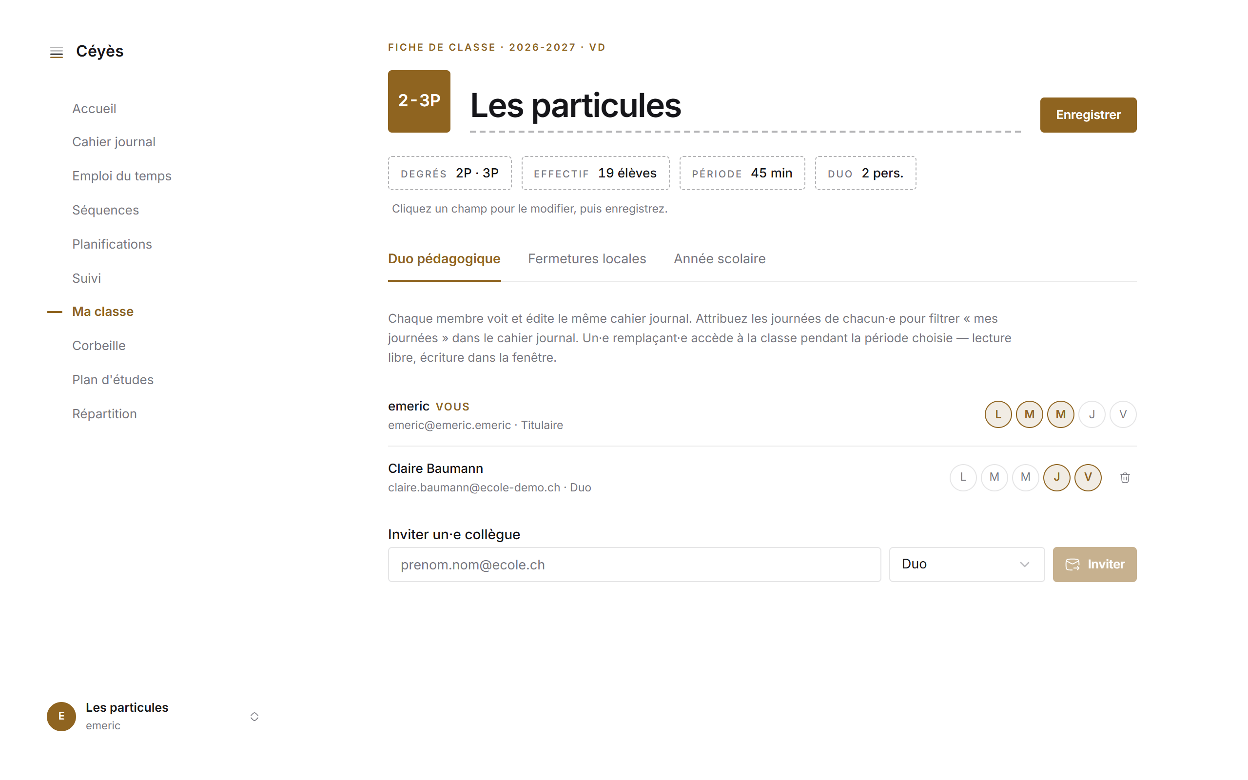 La gestion d'une classe en duo dans Céyès : deux comptes, journées attribuées, notes de transmission