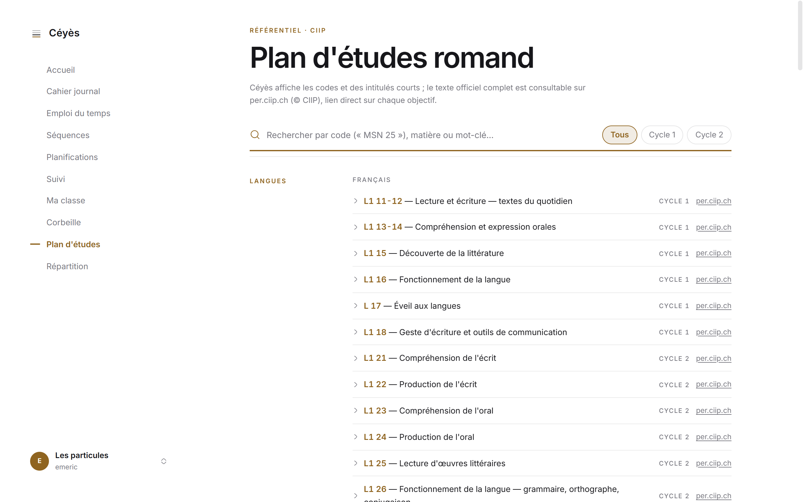 Le référentiel du Plan d'études romand dans Céyès