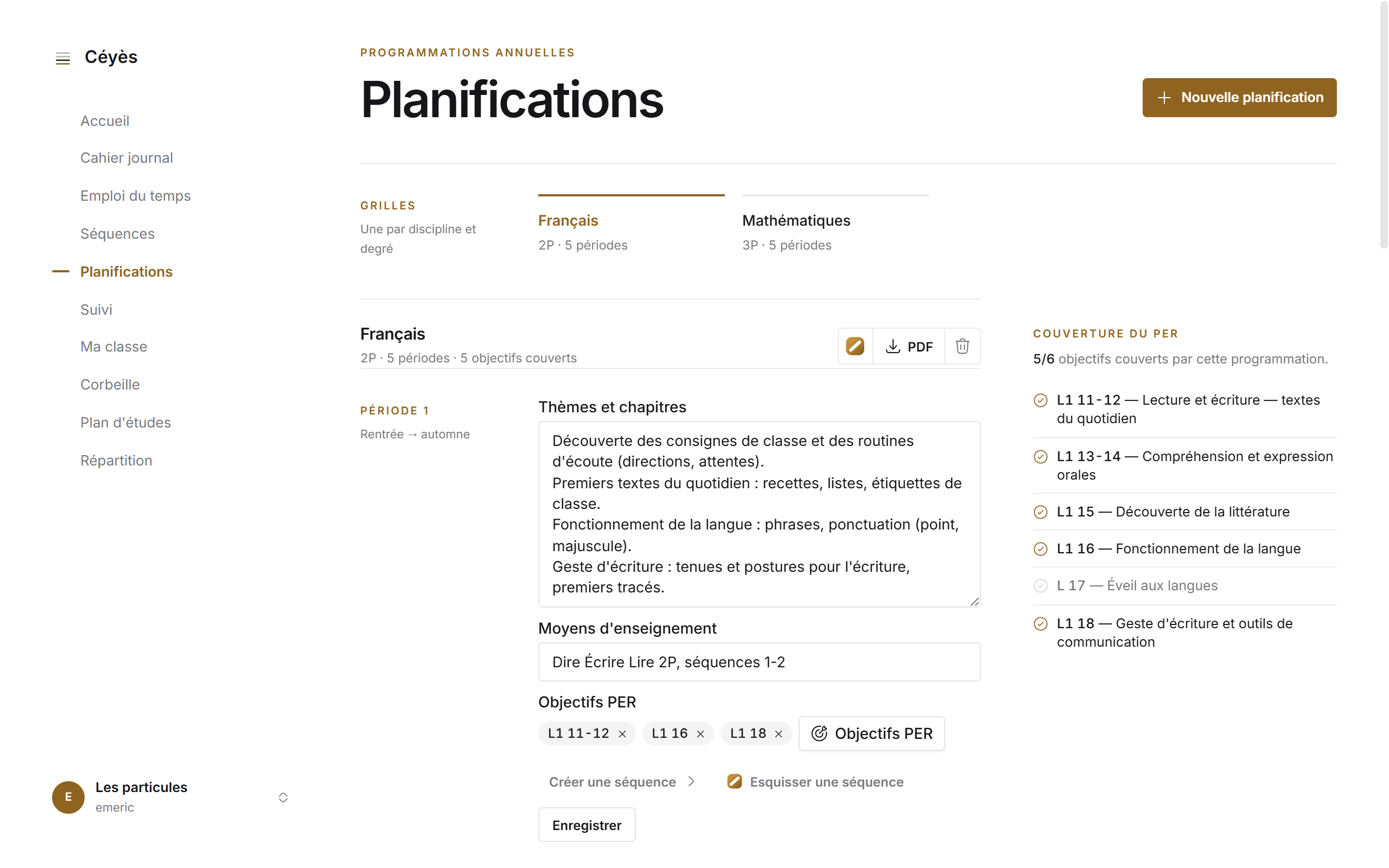 Une planification annuelle ouverte dans Céyès : une discipline, cinq périodes, la couverture des objectifs du PER